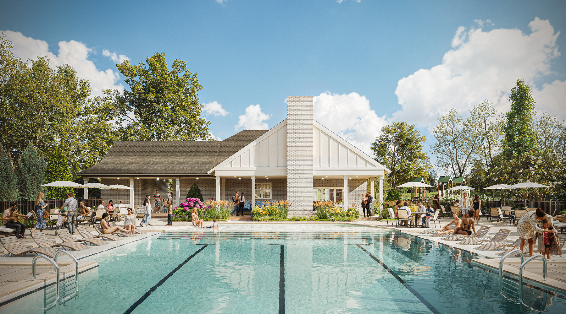 Clubhouse with kitchen and swimming pool and lounge area
