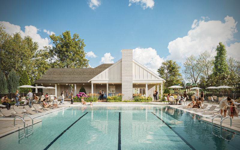 Clubhouse with kitchen and swimming pool and lounge area