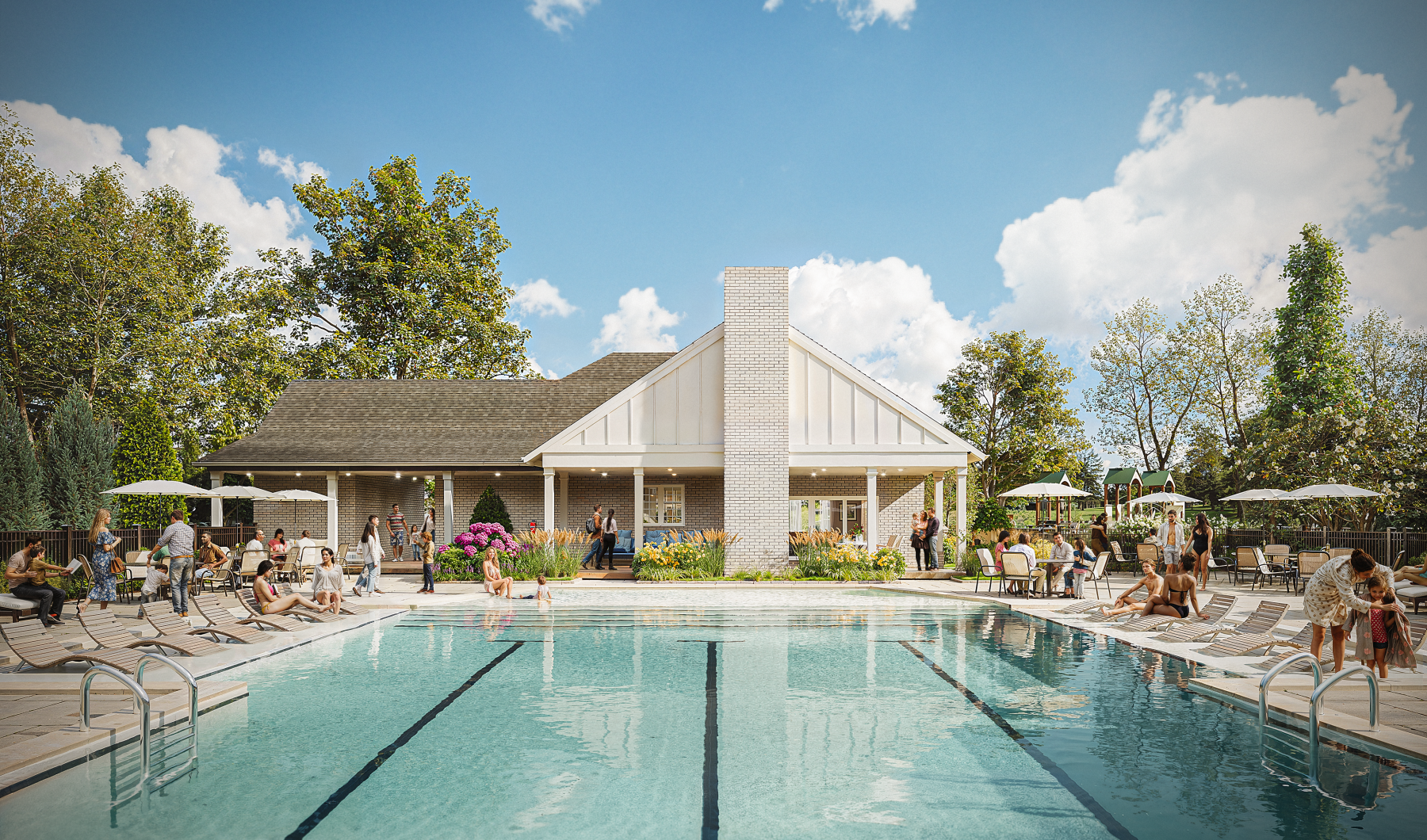 swimming pool with lounge chairs and umbrellas