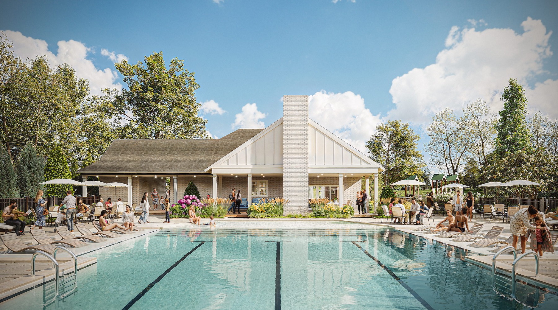Clubhouse with kitchen and swimming pool and lounge area