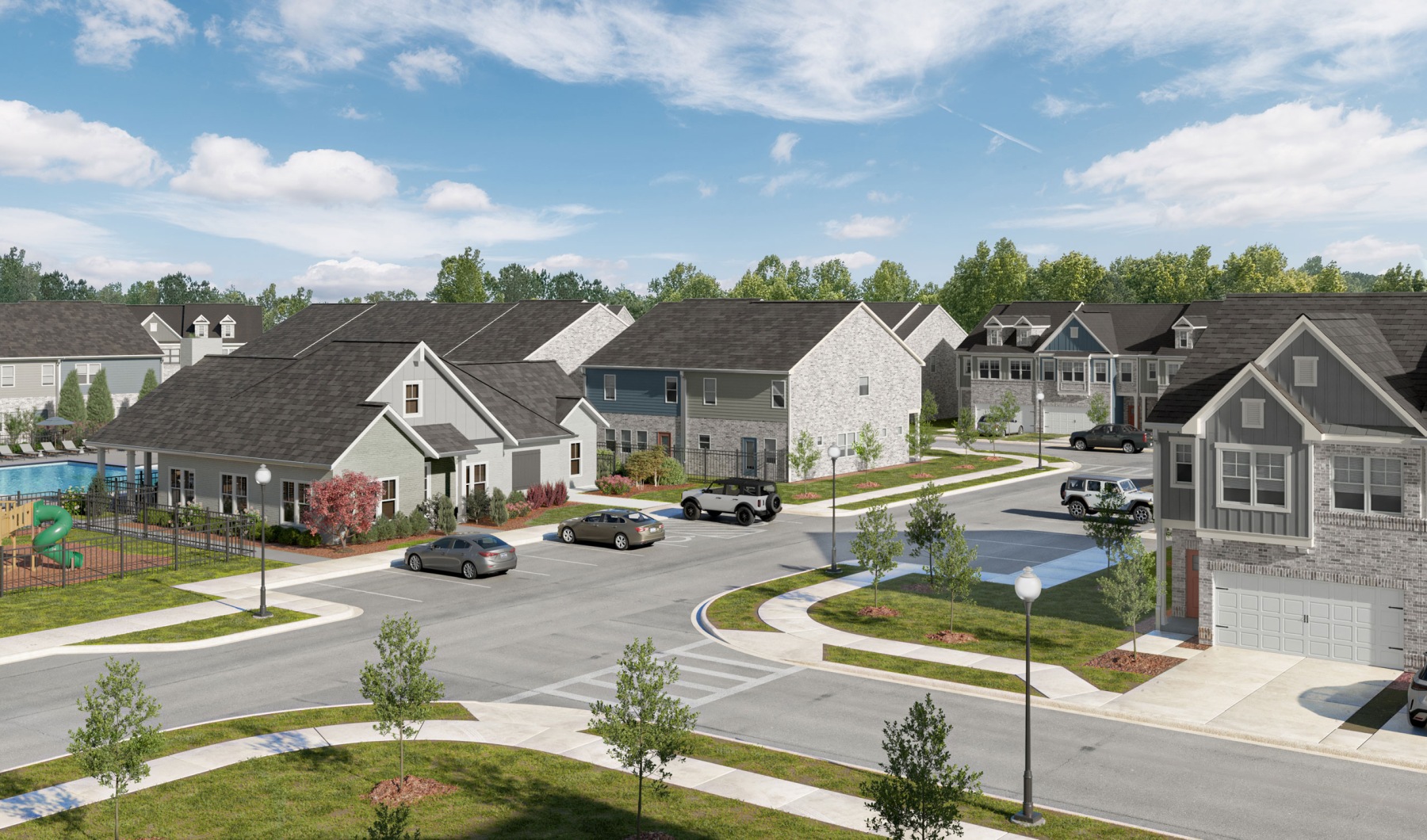 Townhome neighborhood, showing a clubhouse, pool, playground, streets and townhome exteriors