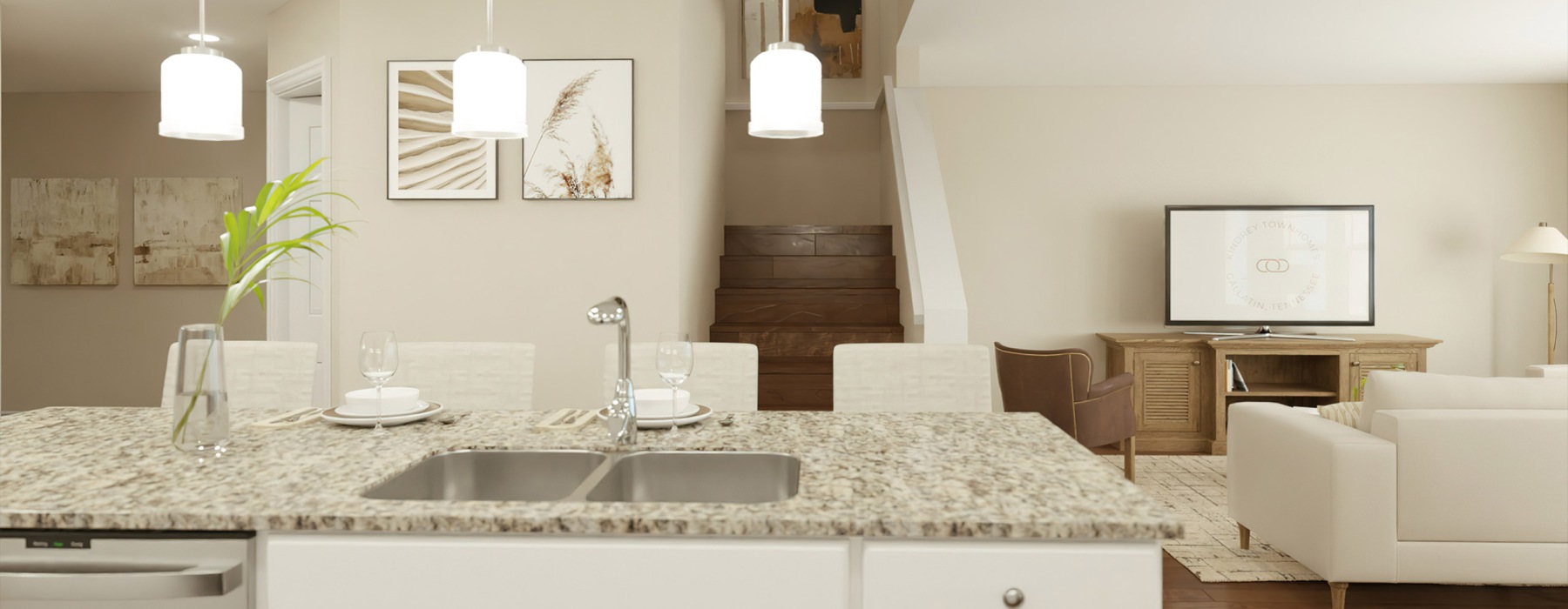interior of a living room and kitchen