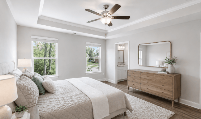 Bedroom with natural lighting and high ceilings
