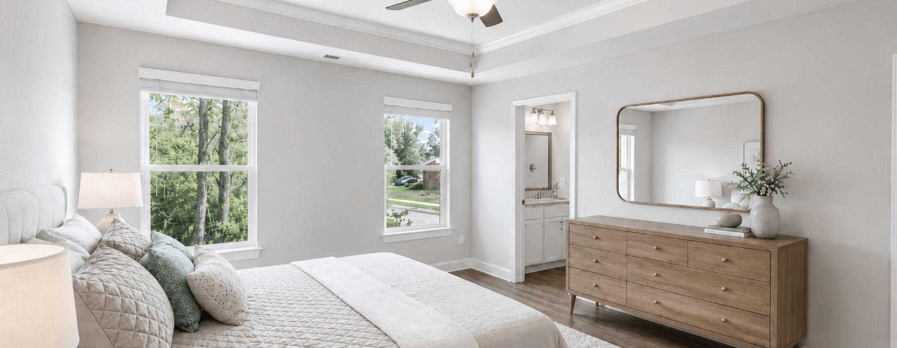 Bedroom with natural lighting and high ceilings